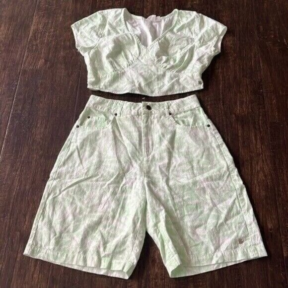 Roxy 2 piece set small cropped tropical green white shirt high waisted shorts - Picture 1 of 4